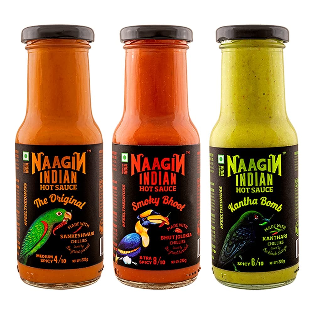 Naagin - Indian Hot Sauce The Original, Kantha Bomb & Smoky Bhoot, Bottle (230gm, Pack of 3)