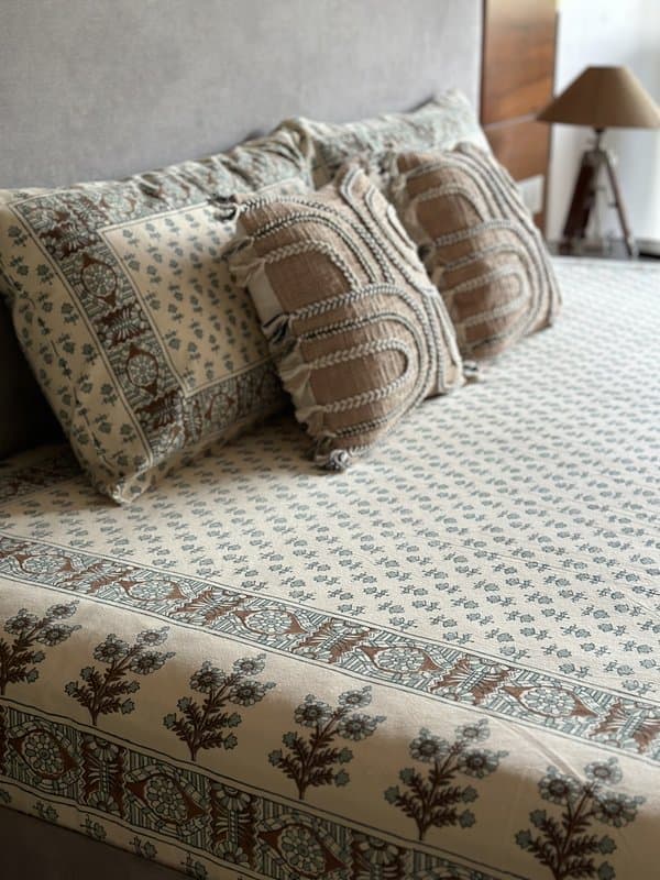 KRI India Bloom Aqua Flora Budget Bedsheet Set| Ivory | Aqua Blue  | 100x102 inches  | Wash & Care | 100% Cotton | Handcrafted in India. 100% organic & natural.