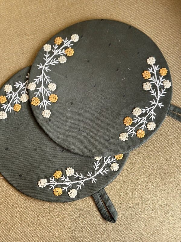 KRI India Bloom Olive Gypsy Trivets set|Set of 6 | Olive Green with yellow embroidery  |8 inches| Wash & Care | 100% Cotton | Handcrafted in India. 100% organic & natural.