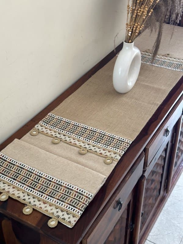 KRI India Raw Reflect Jute Table Runner|14x75 inches runner | Brown & Jute beige  | Wash & Care | 100% Cotton | Handcrafted in India. 100% organic & natural.
