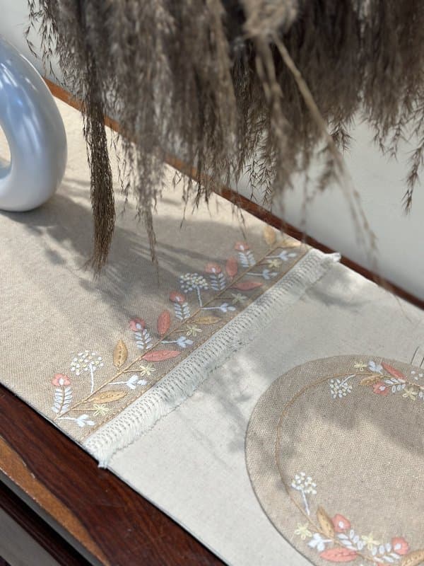 KRI India Raw Bloom Valley of Flowers Table Runner|14x75 inches runner | Beige & Jute beige  | Wash & Care | 100% Cotton | Handcrafted in India. 100% organic & natural.