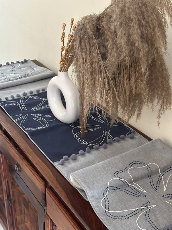 KRI India Bloom Navy Flower Stitch Table Runner|Custom Size | Navy Blue & Grey  | Wash & Care | 100% Cotton | Handcrafted in India. 100% organic & natural.