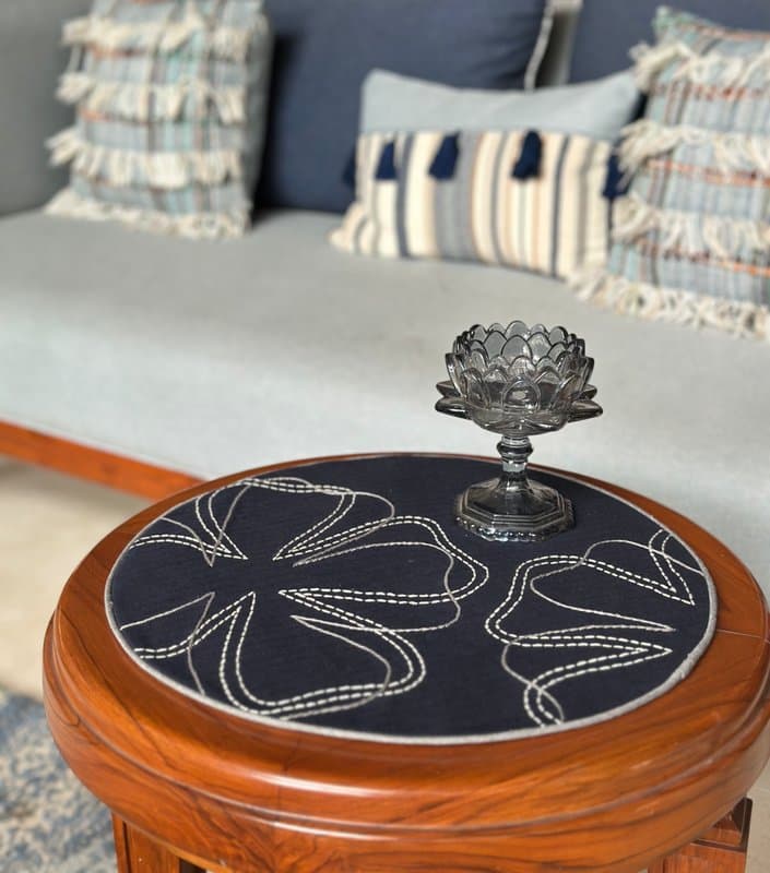 KRI India Bloom Navy Flower Stitch Placemats Set|Set of 6 | Navy with grey & ivory embroidery  | 15 inches | Wash & Care | 100% Cotton | Handcrafted in India. 100% organic & natural.