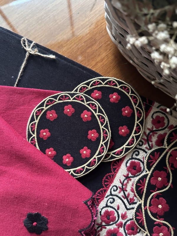 KRI India Bloom Set of 4 Crimson Black Floral Coasters|Set of 6 | Crimson & Black  | 4 inches | Wash & Care | 100% Cotton | Handcrafted in India. 100% organic & natural.