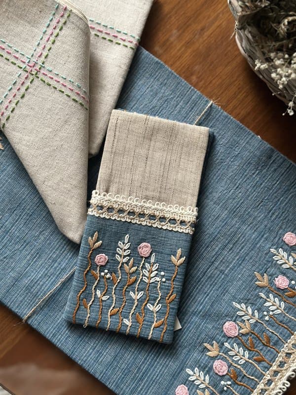 KRI India Bloom Sky of Flowers Cutlery Holders Set|Set of 2 | Sky Blue & Beige Brown  | 9x4.5 inches | Wash & Care | 100% Cotton | Handcrafted in India. 100% organic & natural.