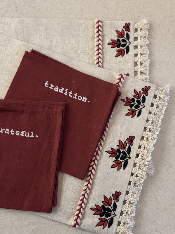 KRI India Bloom Red & Black Fringed Table Placemats Set|Set of 6 | Beige with Red & Black embroidery  | 12x17.5 inches  | Wash & Care | 100% Cotton | Handcrafted in India. 100% organic & natural.