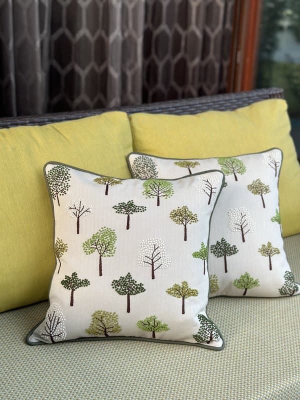 KRI India Bloom Wilderness Cushion Cover|12x18 inches | Cream with green embroidery  | Wash & Care | 100% Cotton | Handcrafted in India. 100% organic & natural.