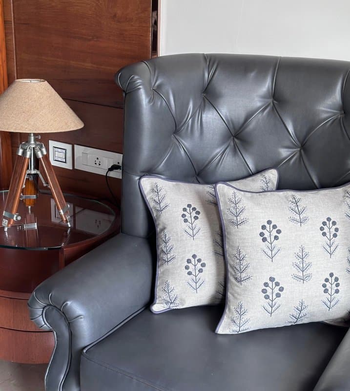 KRI India Bloom Grey Flora Motif Cushion Cover| Navy Blue | 16x16 inches | Wash & Care | 100% Cotton | Handcrafted in India. 100% organic & natural.