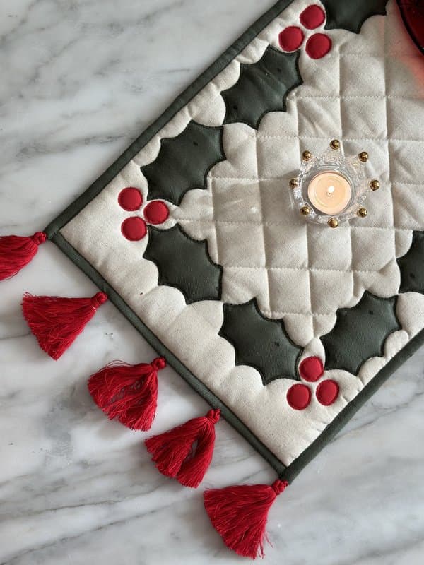 KRI India Bloom Xmas Quilted Tasselled Runner|14x80 | Beige with red & green detailing  | Wash & Care | 100% Cotton | Handcrafted in India. 100% organic & natural.