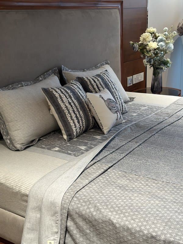 KRI India The Minimalist Grey Cutwork Dohar cum Bedcover| Grey | 108x108 inches  | Wash & Care | 100% Cotton | Handcrafted in India. 100% organic & natural.