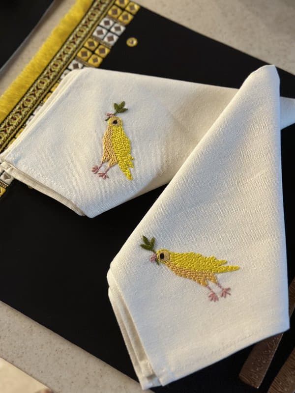 KRI India The Minimalist Set of 4 Bird Table Napkins|Set of 6 | White with yellow embroidery  | 16x16 inches | Wash & Care | 100% Cotton | Handcrafted in India. 100% organic & natural.