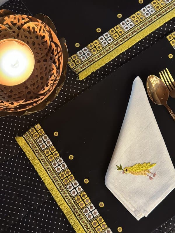 KRI India Reflect Taxi Festive Placemats Set|Set of 4 | Black with yellow threadwork  | Wash & Care | 100% Cotton | Handcrafted in India. 100% organic & natural.