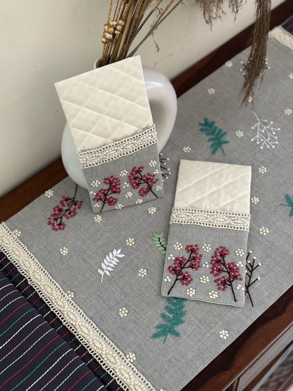 KRI India Bloom Quilted Cutlery Holders Set|Set of 2 | Grey & Ivory with pink & white embroidery  | 9x4.5 inches | Wash & Care | 100% Cotton | Handcrafted in India. 100% organic & natural.