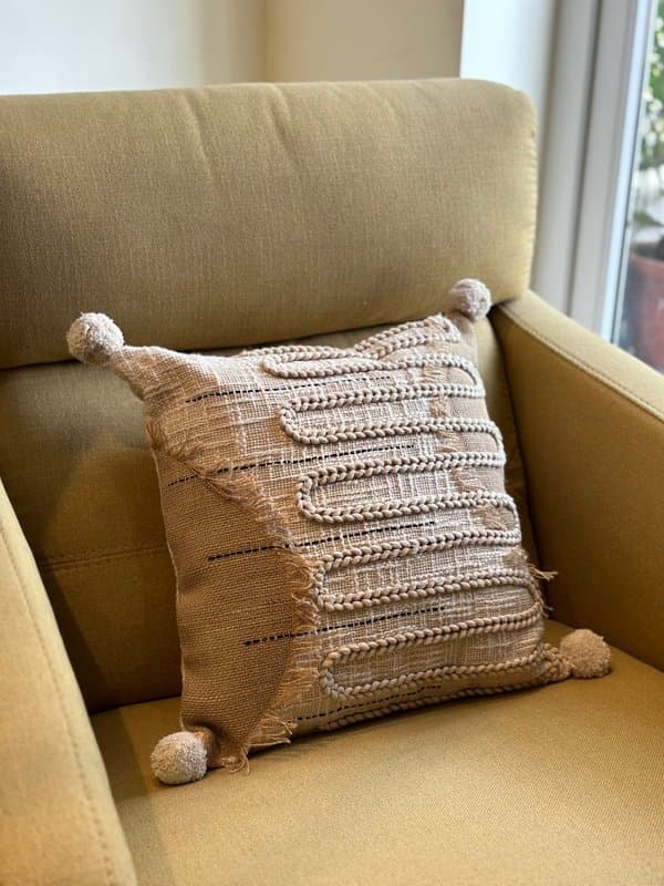 KRI India Raw Distressed Dori Patchwork Cushion cover|18x18 inches | Off white with jute Beige patchwork & | Wash & Care | 100% Cotton | Handcrafted in India. 100% organic & natural.