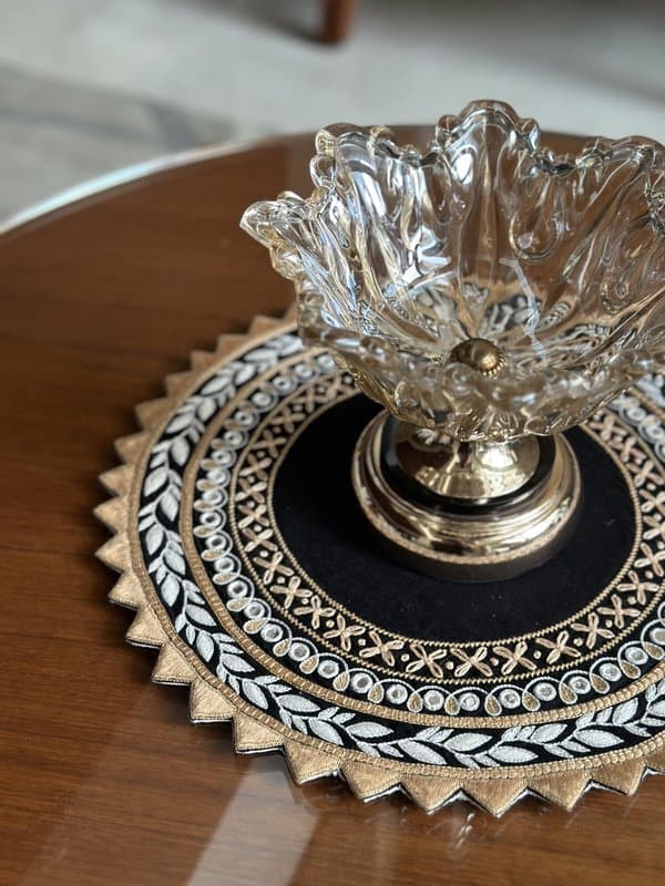 KRI India Bloom Reflect Cutwork Placemats|Set of 6 | Blue with white & beige embroidery  | 14 inches  | Wash & Care | 100% Cotton | Handcrafted in India. 100% organic & natural.