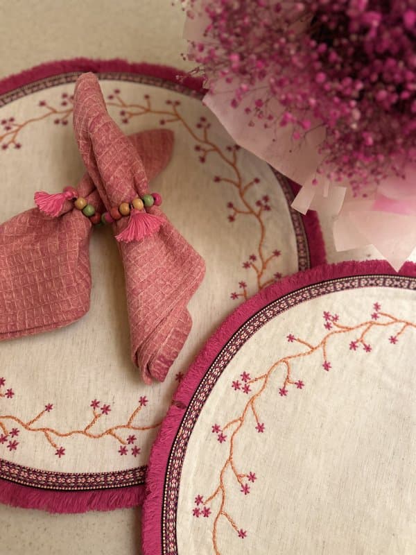 KRI India Bloom Cherry Blossoms Table Placemats Set|Set of 6 | Off-White  | 15 inches | Wash & Care | 100% Cotton | Handcrafted in India. 100% organic & natural.