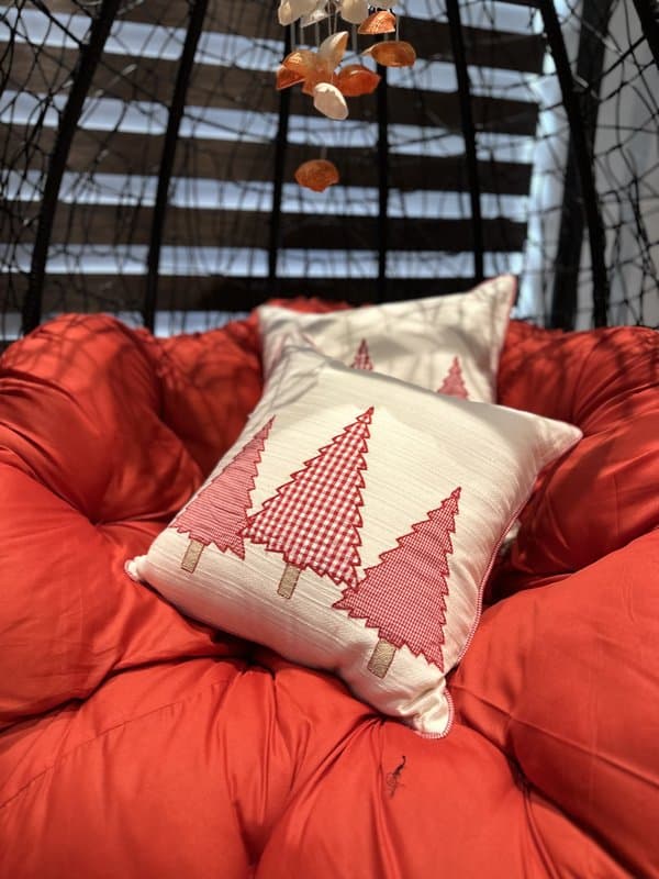 KRI India Tots Christmas Trees Cushion Covers|16x16 inches | Off-white with red checks trees  | Wash & Care | 100% Cotton | Handcrafted in India. 100% organic & natural.