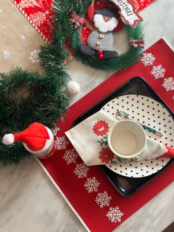 KRI India Tots Snowflake Hand embroidered Table Placemats|Set of 2 | Crimson with white embroidery  | 12x17.5 inches  | Wash & Care | 100% Cotton | Handcrafted in India. 100% organic & natural.