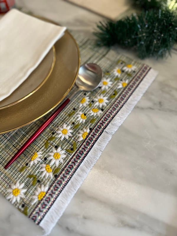 KRI India Bloom Daisies Fringed Placemats|Set of 6 | Green with white & yellow handwork  | 12x 17.5 inches  | Wash & Care | 100% Cotton | Handcrafted in India. 100% organic & natural.