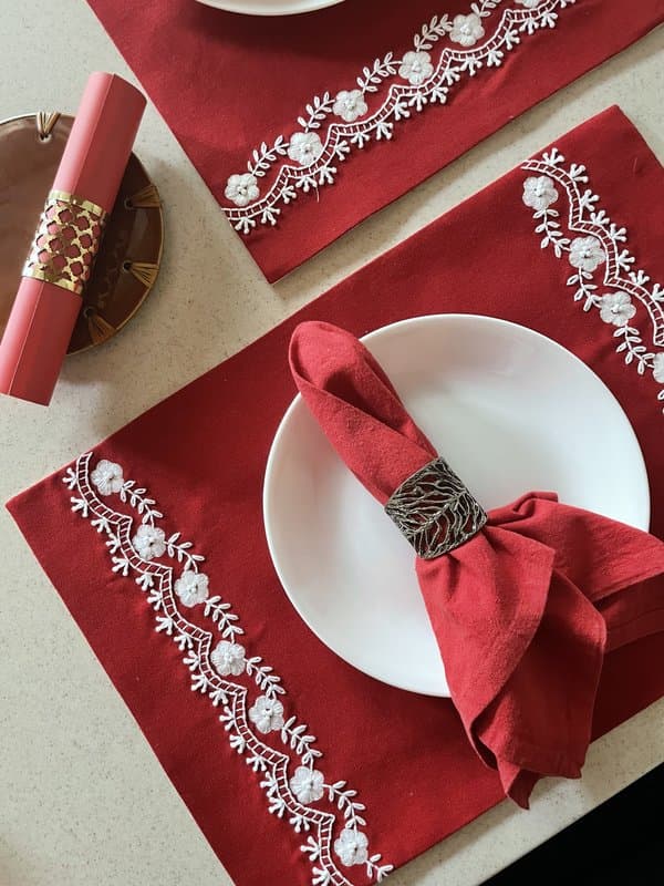 KRI India Bloom Greek Crimson Hand embroidered Table Placemats|Set of 6 | Crimson with white embroidery  | 12x17.5 inches  | Wash & Care | 100% Cotton | Handcrafted in India. 100% organic & natural.