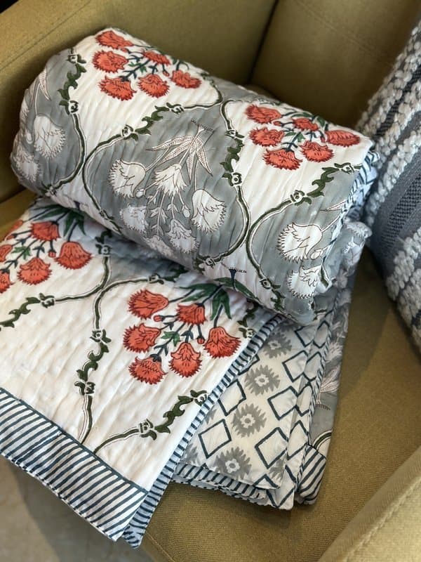 KRI India Bloom Carnations Jaipuri Reversible Quilt|90x108 inches | Off White & Mint Green | Wash & Care | 100% Cotton | Handcrafted in India. 100% organic & natural.