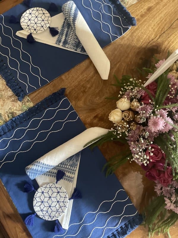 KRI India Stitch Indigo & White Fringed Table Placemats|Set of 4 | Indigo with white embroidery  | 12x17.5 inches  | Wash & Care | 100% Cotton | Handcrafted in India. 100% organic & natural.