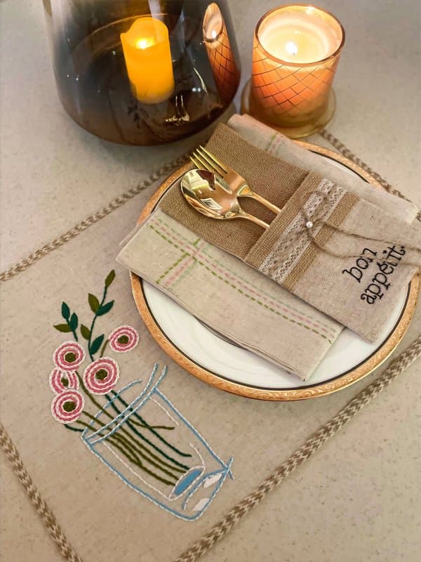 KRI India Raw Flowers in a Vase Table Placemats|Set of 4 | Jute beige with hand embroidery  | 12x17.5 inches  | Wash & Care | 100% Cotton | Handcrafted in India. 100% organic & natural.