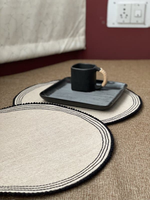 KRI India Raw Stitch Set of 2 Jute Pom Pom Placemats|Set of 4 | Jute beige | 18 inches | Wash & Care | 100% Cotton | Handcrafted in India. 100% organic & natural.