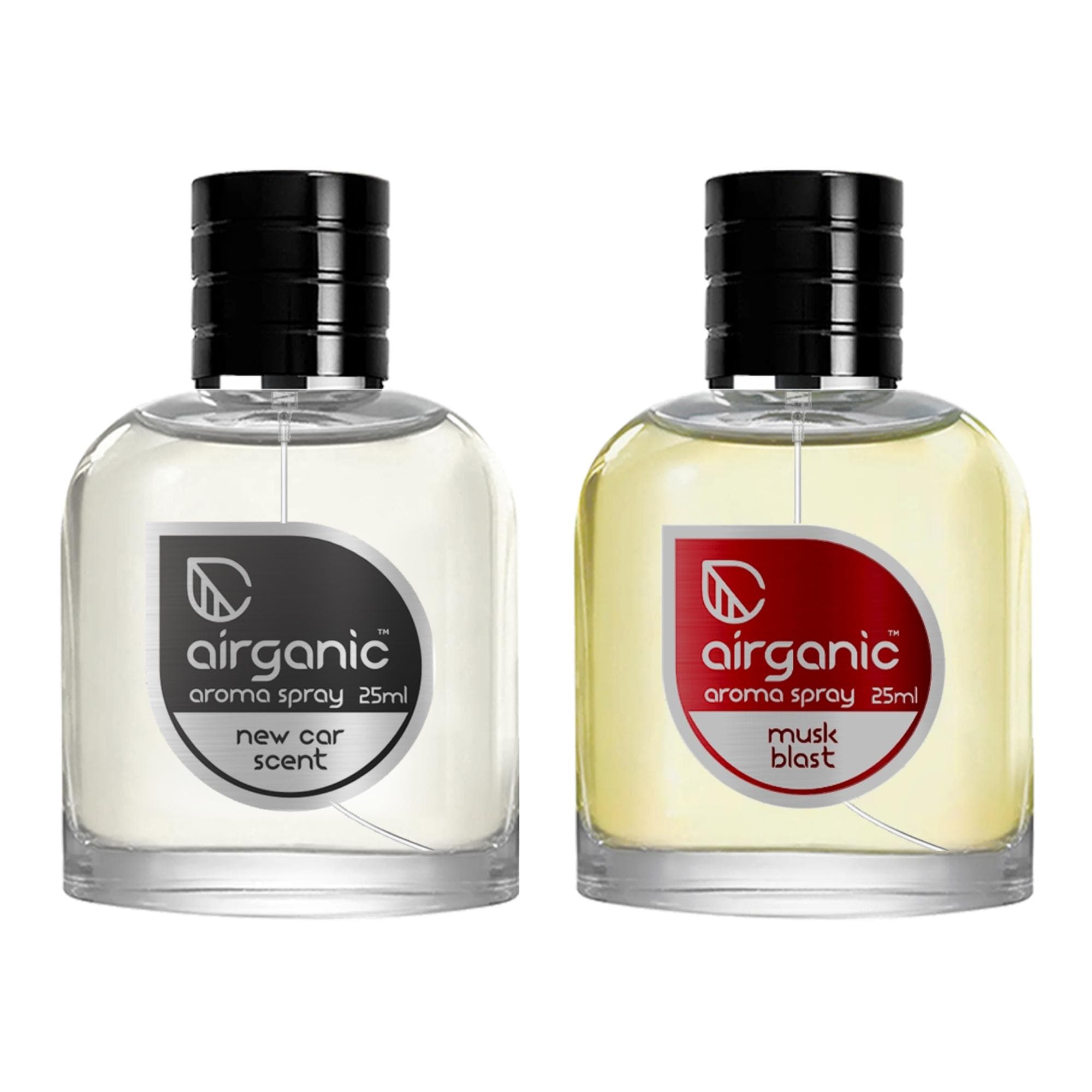 AIRGANIC Aroma Fine Spray Combo - New Car Scent & Musk Blast Fine Spray - 25 ml each