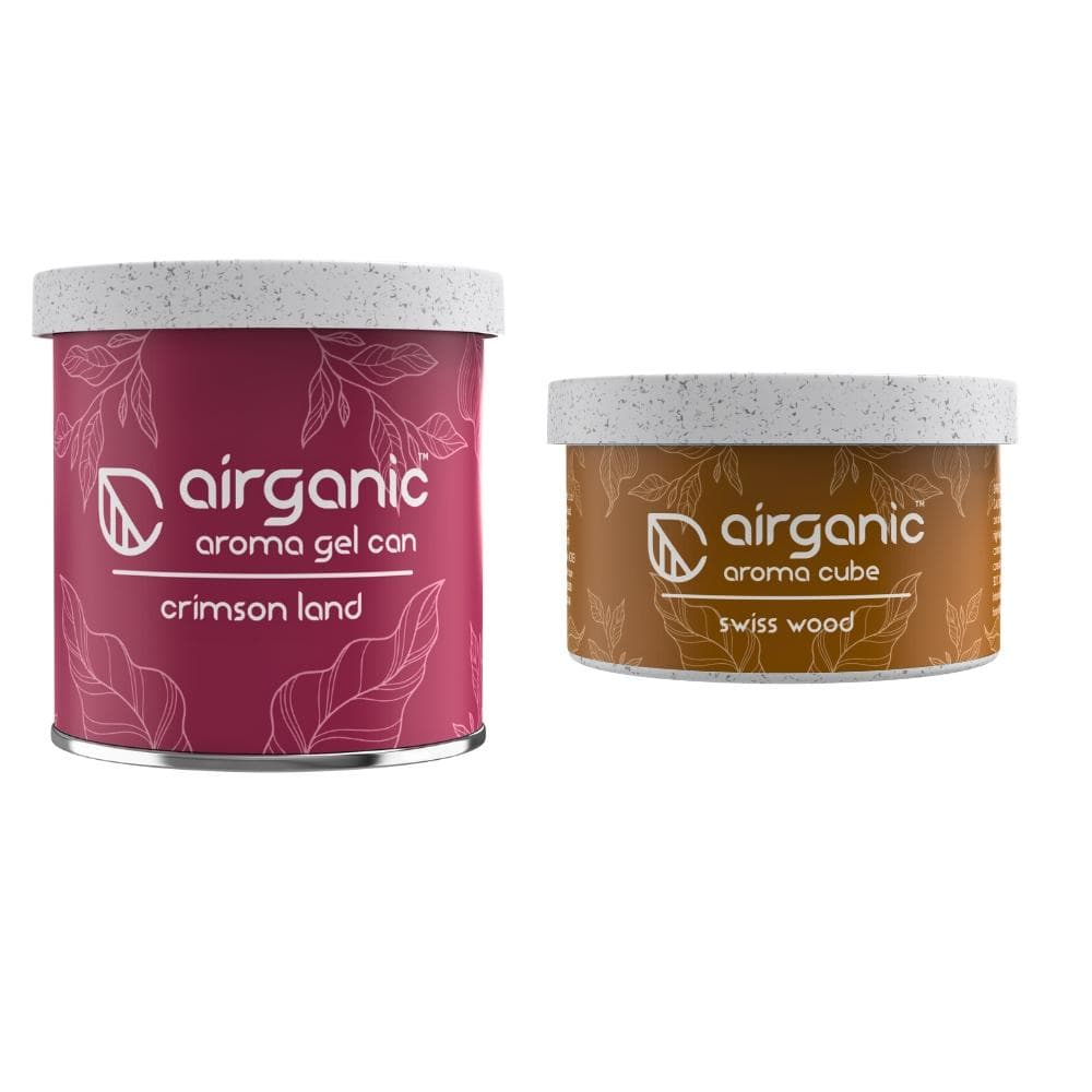 Airganic Aroma Car Freshener Combo Pack  Gel Can Crimson Land & Aroma Cube Swiss Wood air fragrance