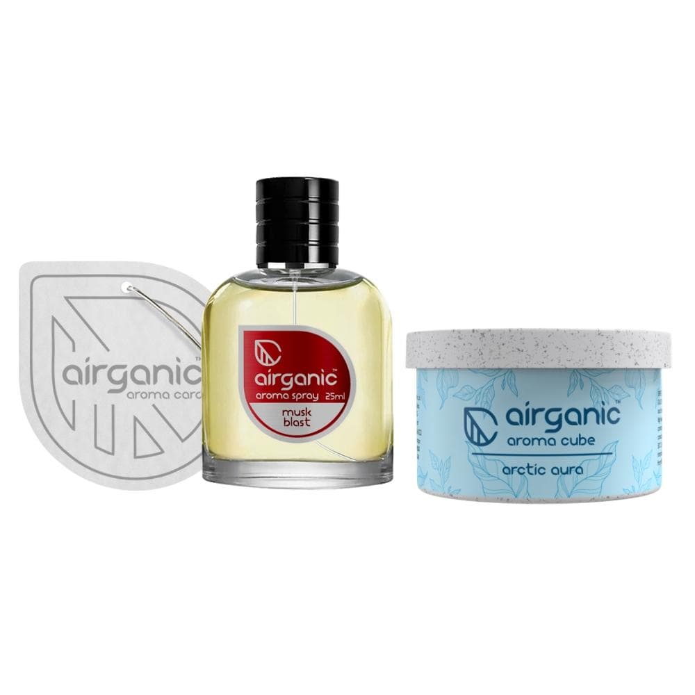 Airganic Aroma Car Freshener Combo Pack  Fine Spray Musk Blast & Aroma Cube Artic Aura air fragrance