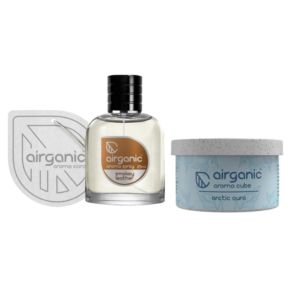 Airganic Aroma Car Freshener Combo Pack  Fine Spray Smokey Leather & Aroma Cube Artic Aura air fragrance