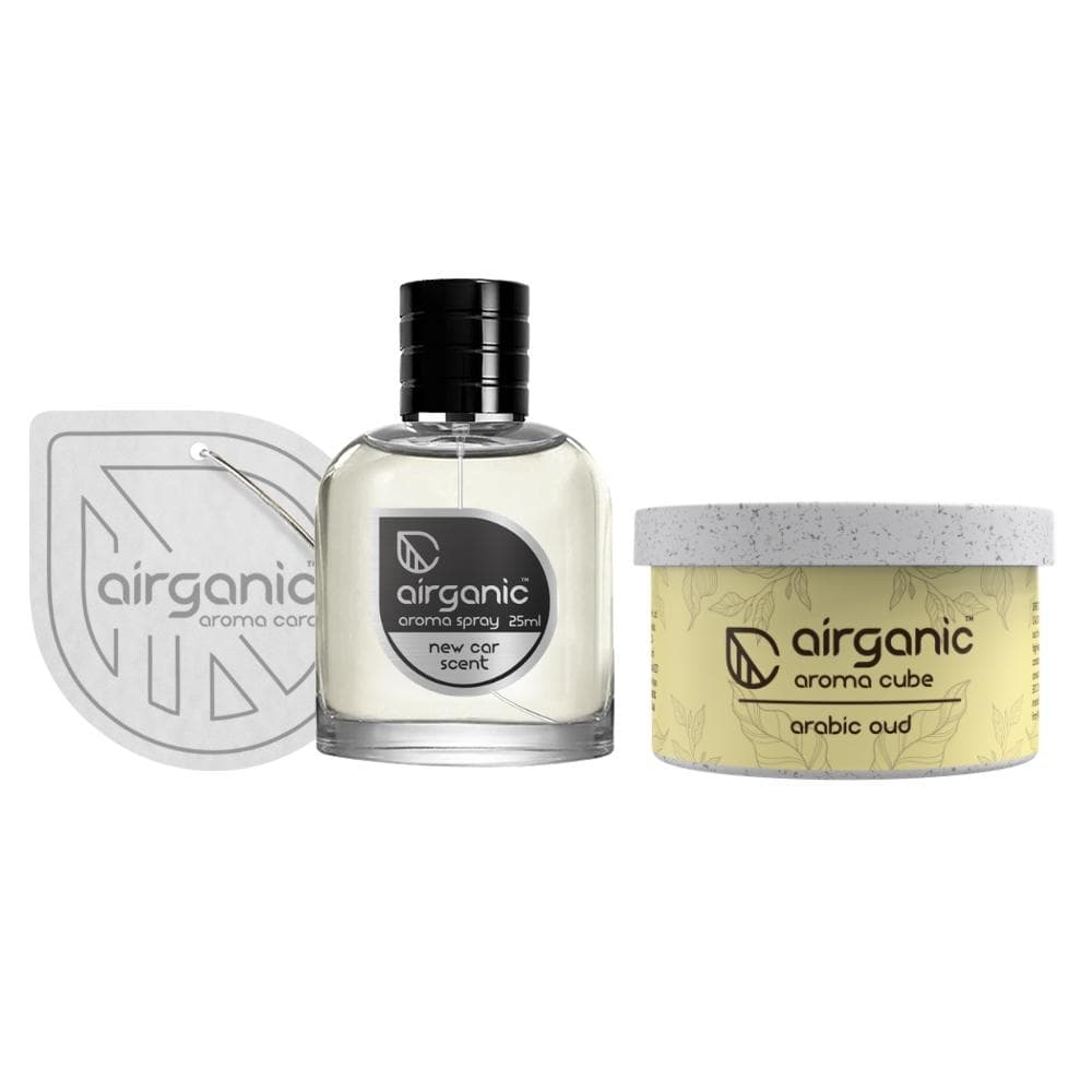 Airganic Aroma Car Freshener Combo Pack  Fine Spray New Car Scent & Aroma Cube Arabic Oud air fragrance