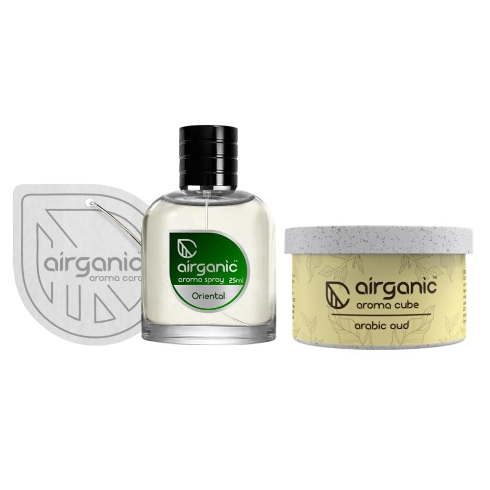 Airganic Aroma Car Freshener Combo Pack  Fine Spray Oriental & Aroma Cube Arabic Oud air fragrance