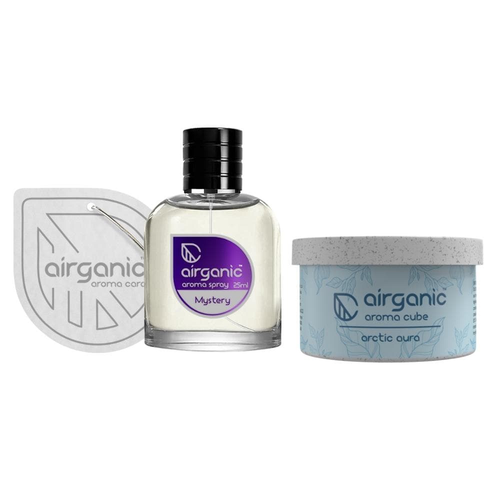 Airganic Aroma Car Freshener Combo Pack  Fine Spray Mystery & Aroma Cube Artic Aura air fragrance
