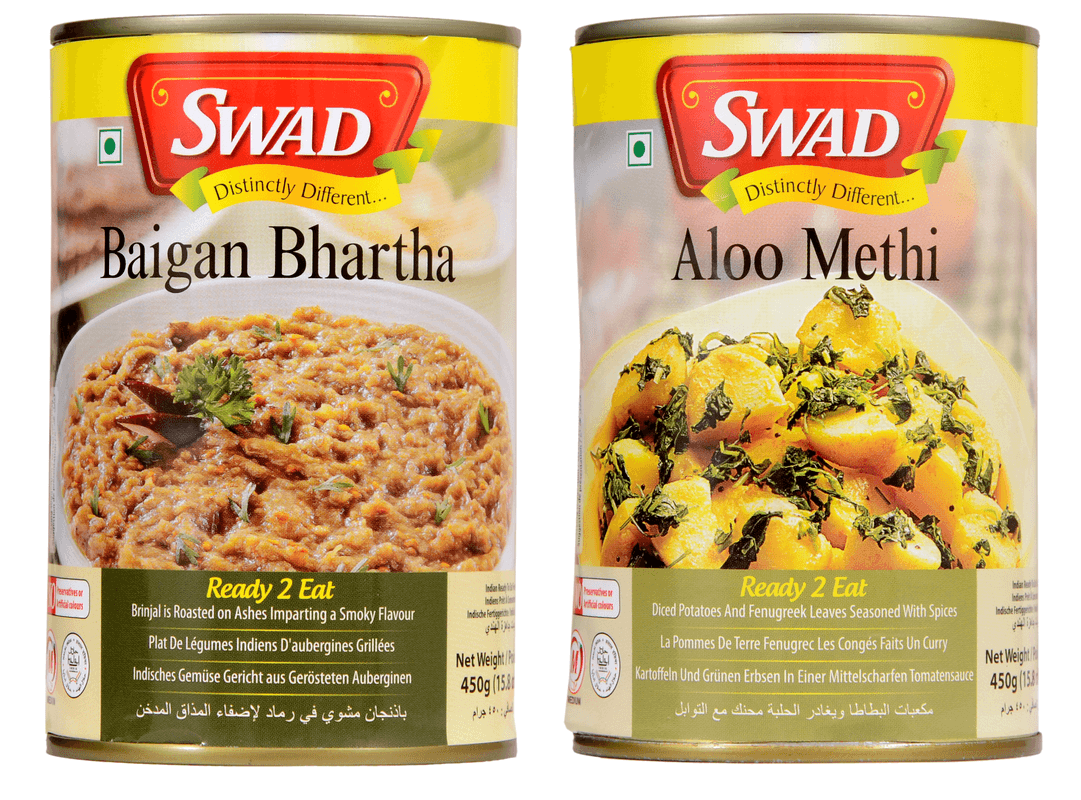 SWAD Ready to Cook and EatNorth Indian Combo Pack Of Baigan Bharta/Aloo Methi Instant Mix Vegetarian with No Added Preservative And Colours - 450gm Each (Pack of 2)