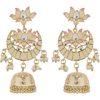 Small Lakshmi Lotus Chand Baali Earrings Golden  Pink Brass Alloy Copper Material Earrings for Women's Fashion Jewelry