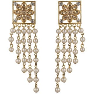 Square Designer Drop Crystal pearl Dangler Golden  White Alloy Brass  Copper Earrings for Women's Fashion Jewelry