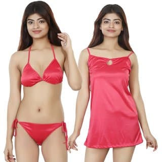 Nivcy Women Solid Satin Nightwear set's True Red Large