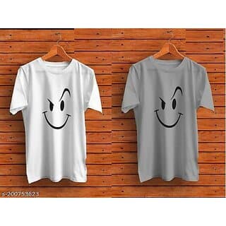 Poly Blend White Short Sleeves Printed Tshirts (Pack of 2)