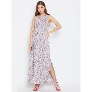 Purys Grey Floral Printed Sleeveless Maxi Dress for Woemen
