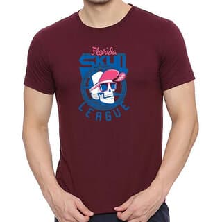 HIT SQUARE Maroon Pure Cotton Round Neck Printed For Men