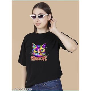 Wexam Style Women Black Printed Round Neck Short Sleeve Top