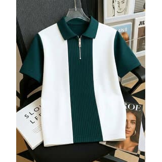 Ausk Mens Bottle Green, White Checkered Cotton Blend Polo T-Shirt
