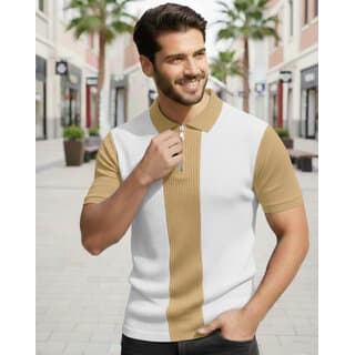 Ausk Mens White, Beige Checkered Cotton Blend Polo T-Shirt