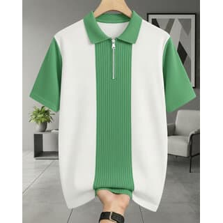 Ausk Mens Light Green, White Graphic Print Cotton Blend Polo Collar T-Shirt