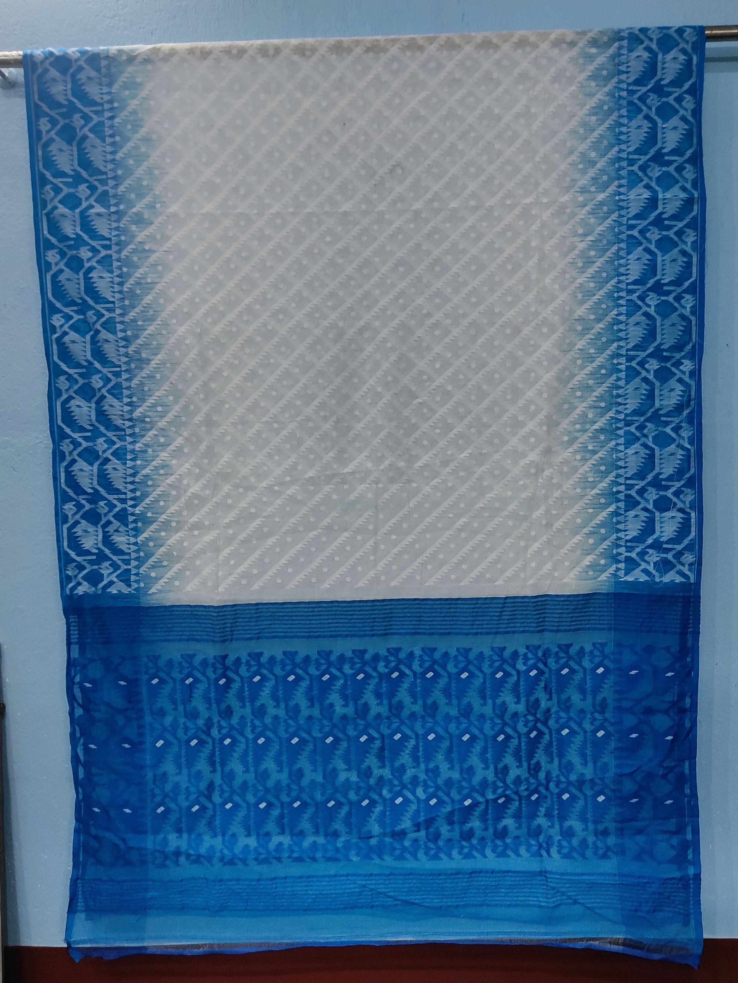 Bengal Mix Cotton White & Blue Jamdani Saree