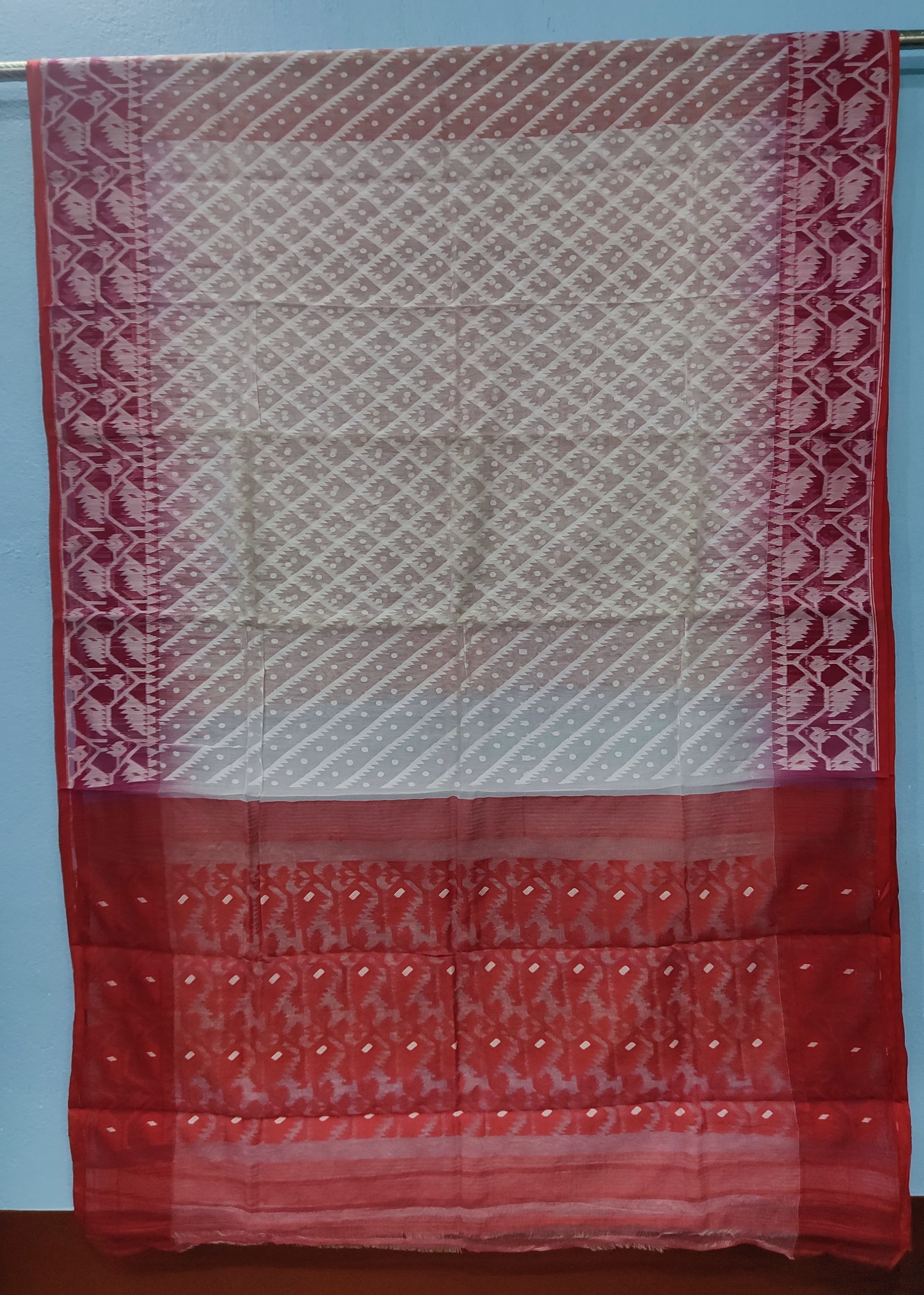 Bengal Mix Cotton White & Red Jamdani Saree