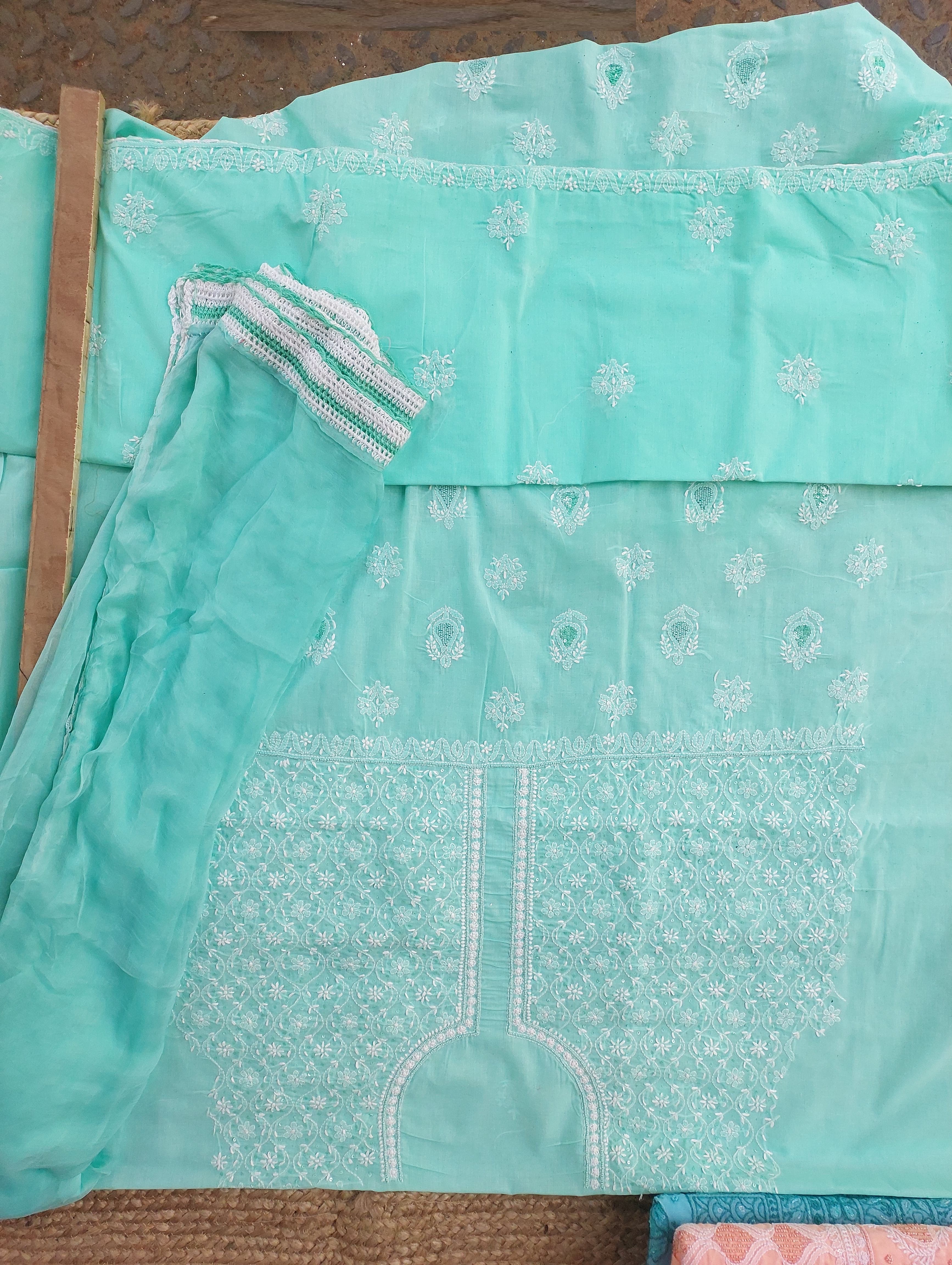 Hand-Embroidered Chikankari Cotton Suit | Sea Green