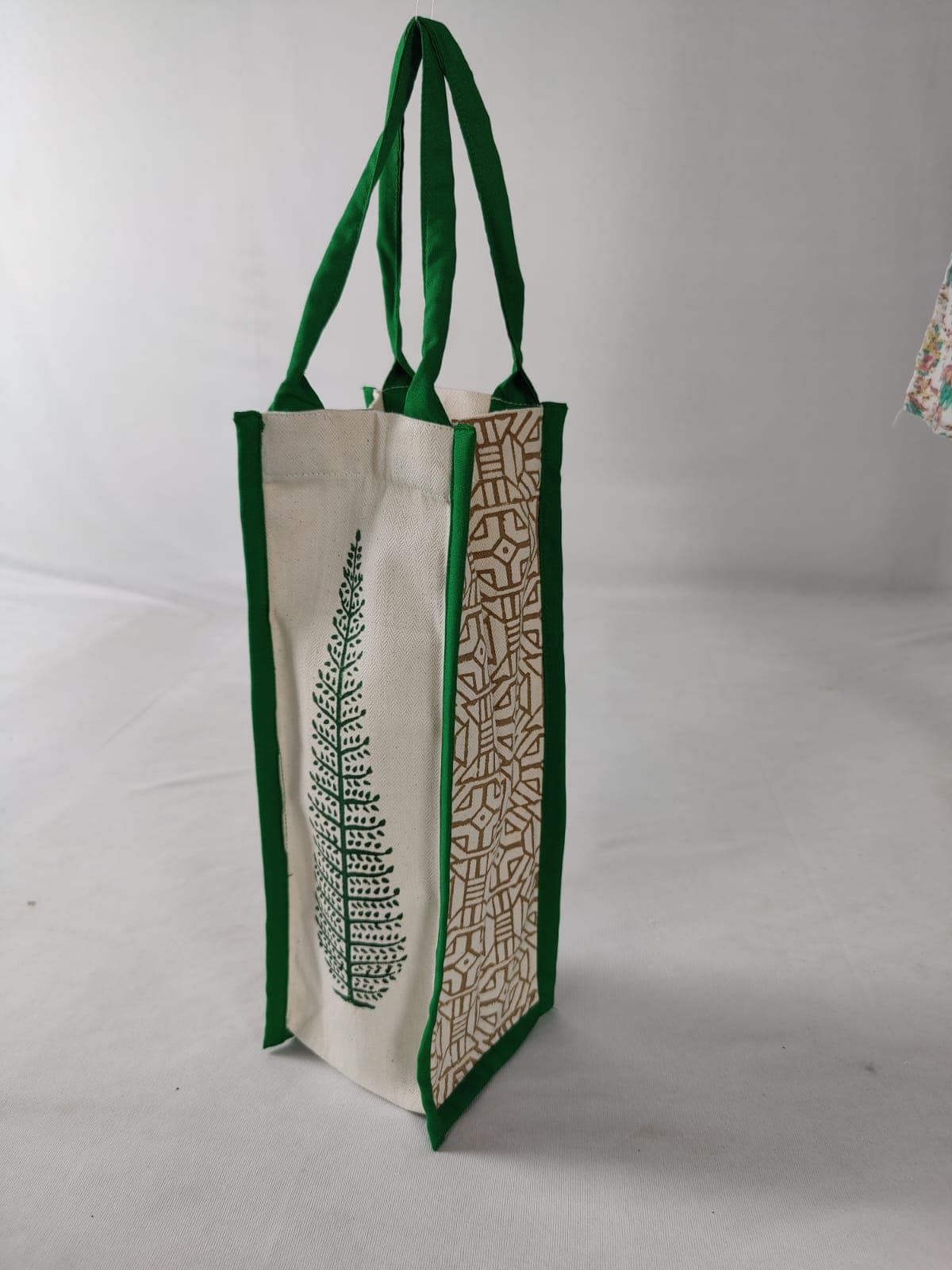 Handcrafted Block Printed Cotton Bottle Bag | Reusable | Green
